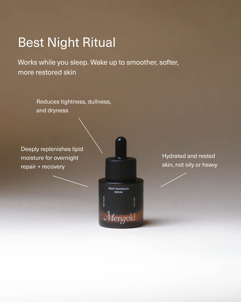 Skincare dropper bottle with text about a night ritual on a gradient background
