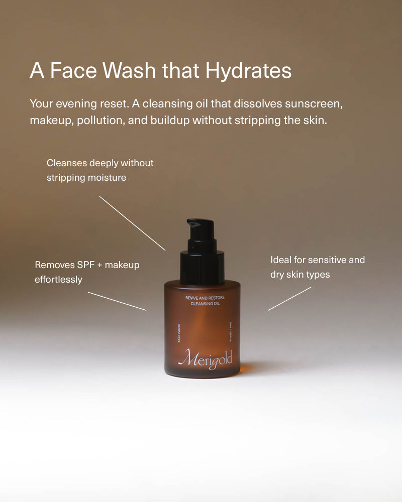 Cleansing oil bottle with text highlighting its benefits on a gradient background