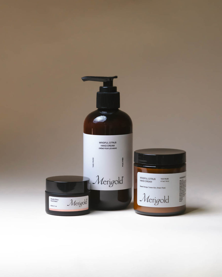 Merigold Mindful Citrus Hand Cream full size collection in amber packaging, bright citrus hydration.