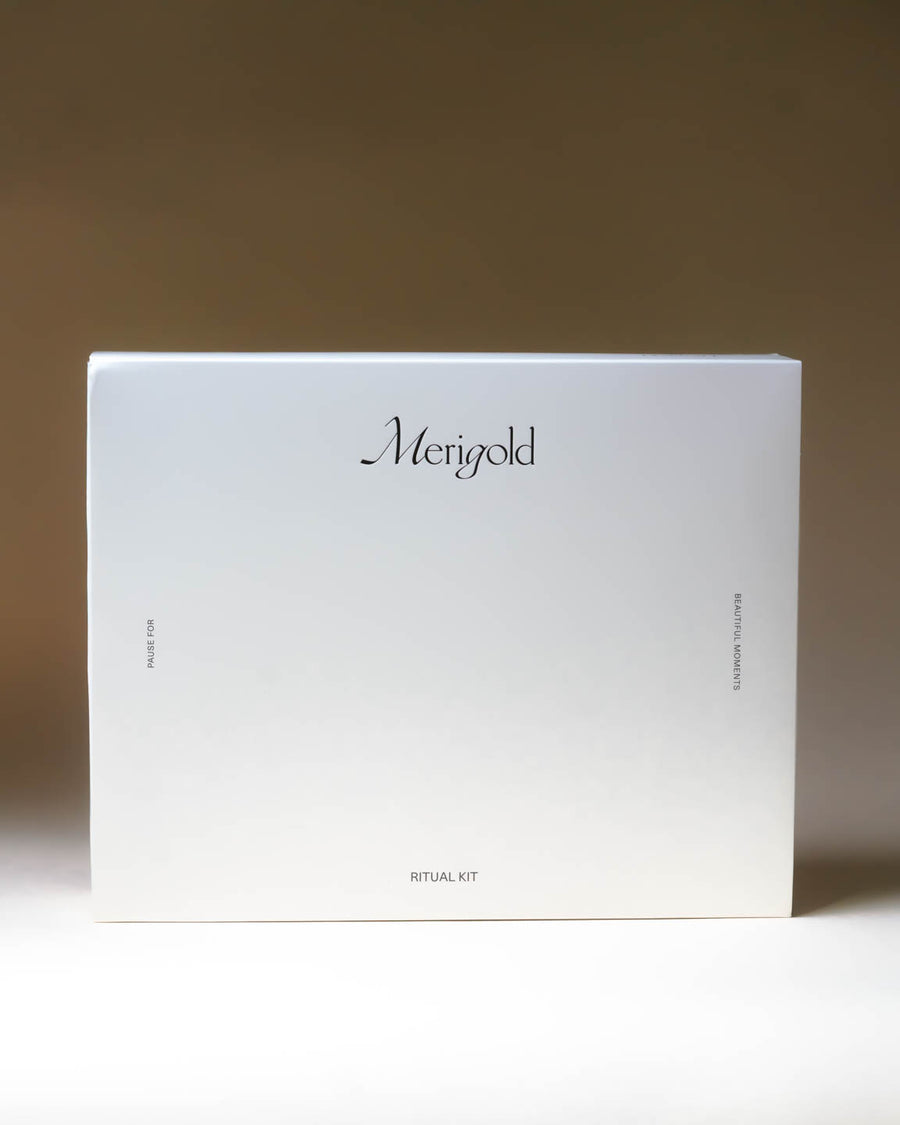 Merigold Ritual Kit boxed set in minimalist white packaging for clean skincare masking rituals.