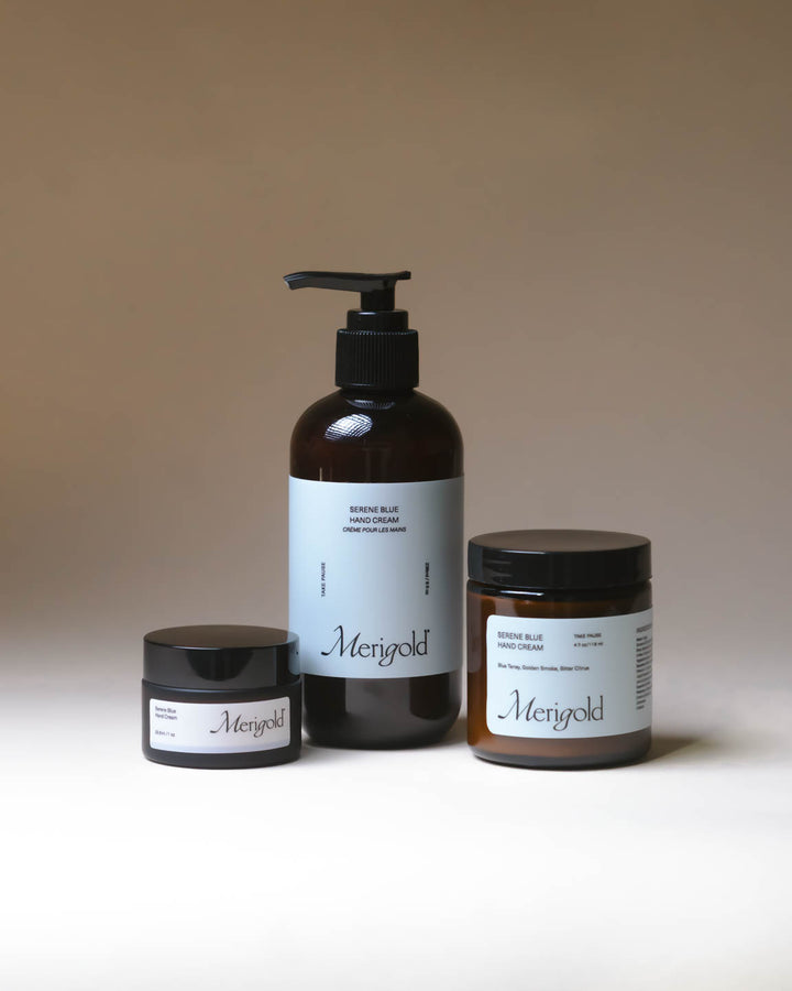 Merigold Serene Blue Hand Cream collection featuring Blue Tansy in three sizing options on minimal background. 